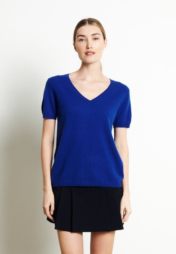 LILLY 14 T-shirt col V en cachemire manches courtes bleu pétrole
