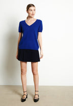 LILLY 14 T-shirt col V en cachemire manches courtes bleu pétrole