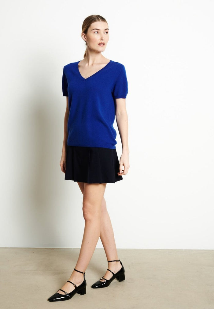 LILLY 14 T-shirt col V en cachemire manches courtes bleu pétrole