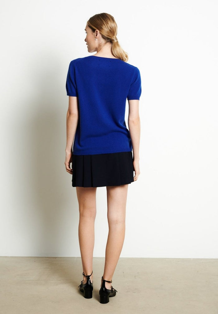 LILLY 14 T-shirt col V en cachemire manches courtes bleu pétrole