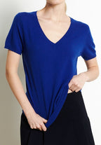 LILLY 14 T-shirt col V en cachemire manches courtes bleu pétrole
