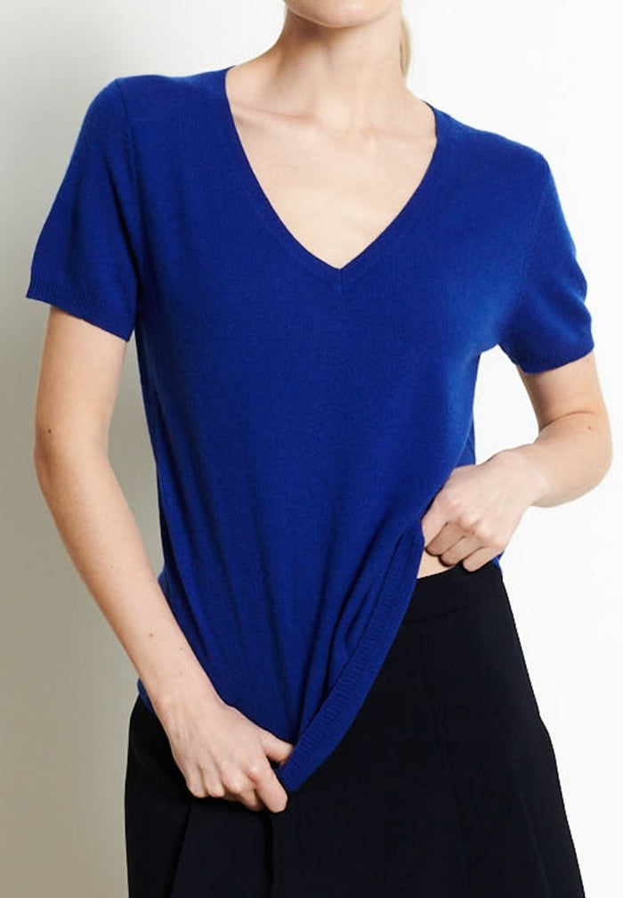 LILLY 14 T-shirt col V en cachemire manches courtes bleu pétrole