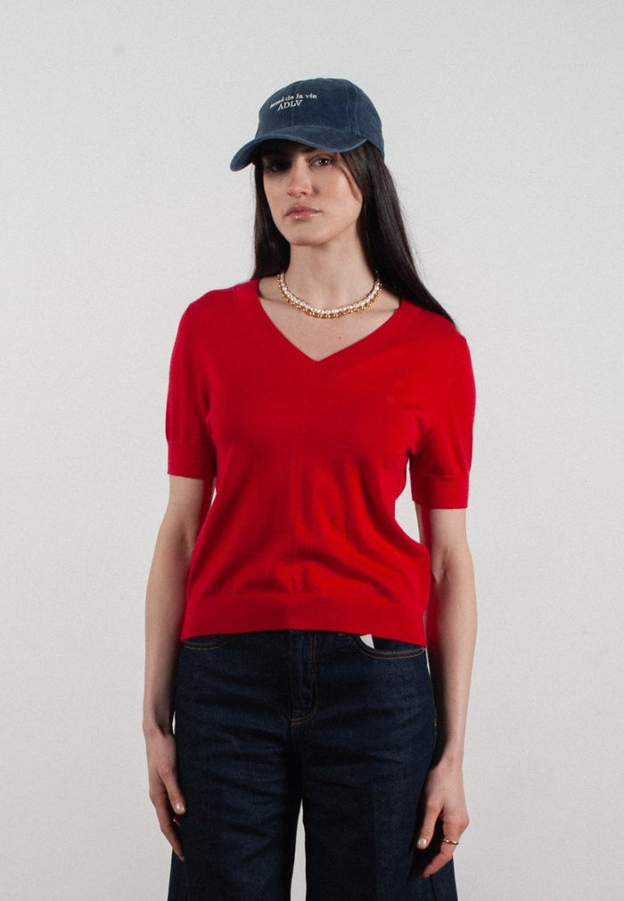 T-shirt col V manches courtes femme en cachemire et laine ultrafin rouge - FRIDA 10