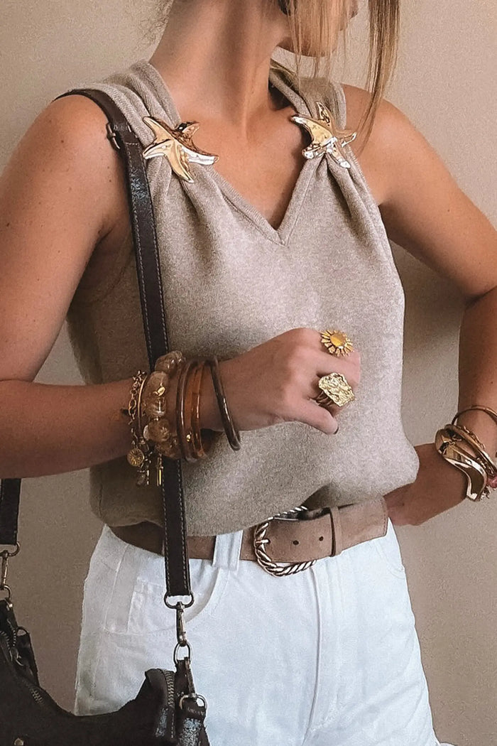 Taupe Metallic Star Detail V-Neck Sweater Knit Tank Top