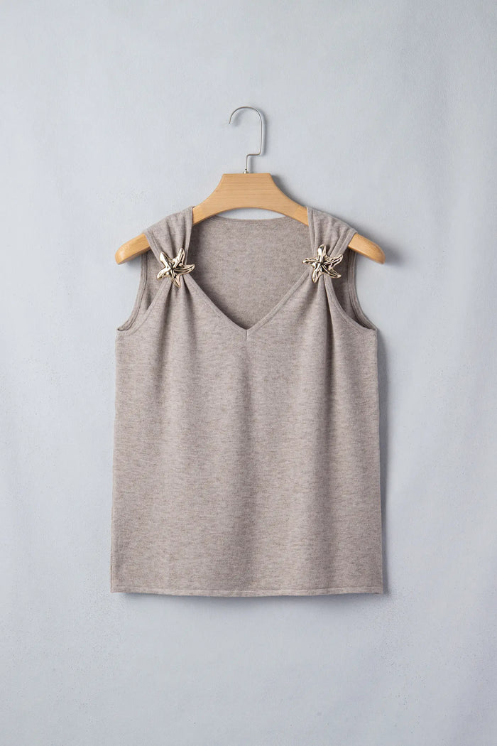 Taupe Metallic Star Detail V-Neck Sweater Knit Tank Top