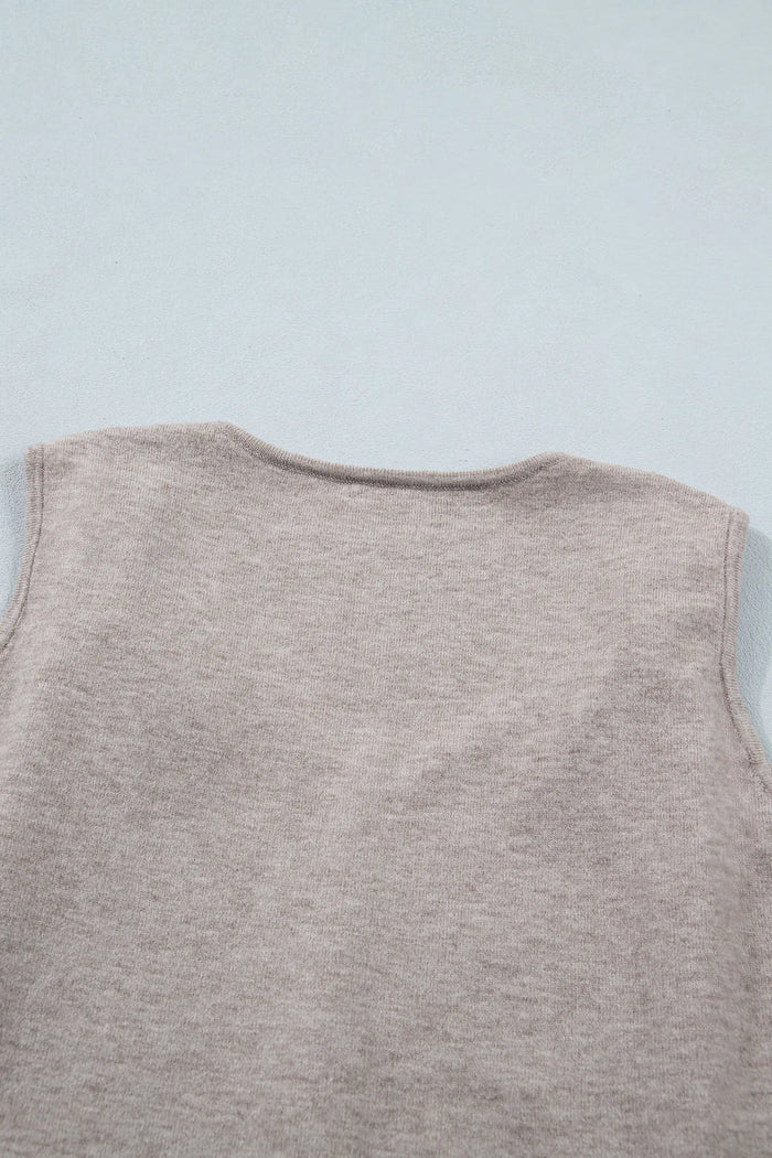 Taupe Metallic Star Detail V-Neck Sweater Knit Tank Top