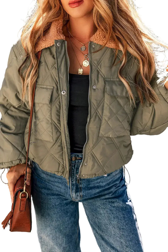 Shop Teddy Collar Flap Pockets Quilted Puffer Jacket at eAura