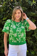 Green floral embroidered bubble sleeve top
