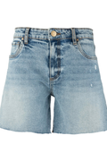 Boutique high rise raw hem shorts styled with pink stripe top