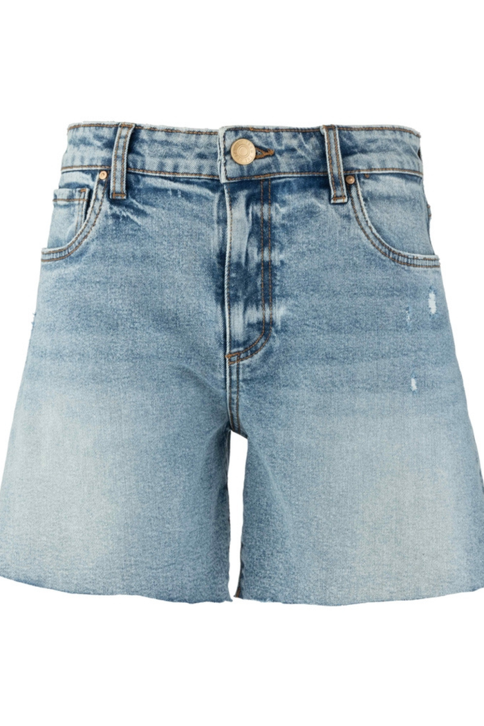 Boutique high rise raw hem shorts styled with pink stripe top