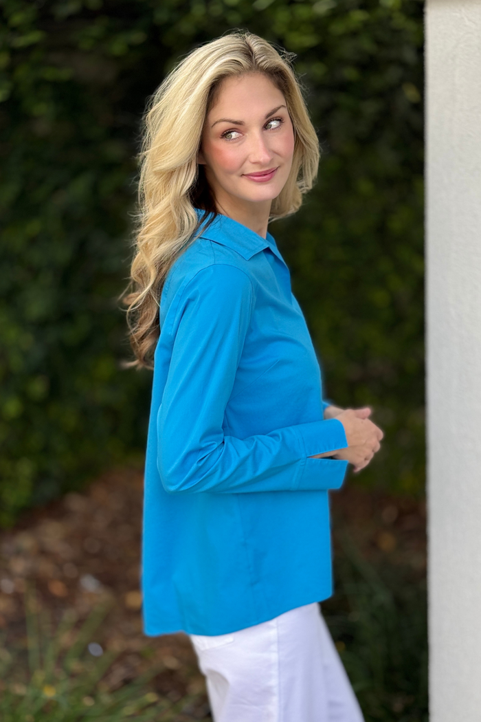 Wrinkle free stretch cotton women’s blouse with flip back cuffs