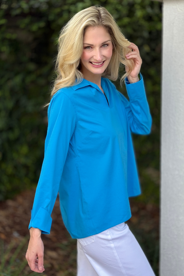 Foxcroft Agnes A-line popover shirt with hi-lo hem in Malibu