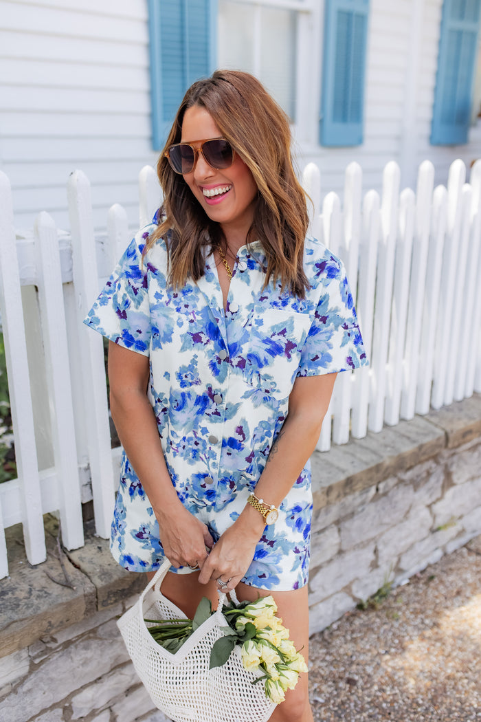 The Talia Floral Denim Romper - One Eleven Olive Boutique