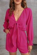 Tie Knot V-Neck Puff Long Sleeve Romper