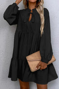 Tie Split Neck Smocked Detail Long Puff Sleeve Ruffle Hem Loose Dress - Black / S - Dresses/Mini Dresses