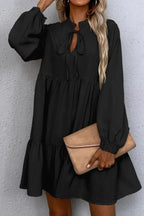 Tie Split Neck Smocked Detail Long Puff Sleeve Ruffle Hem Loose Dress - Black / S - Dresses/Mini Dresses