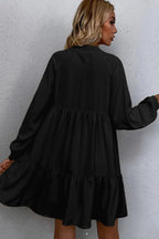 Tie Split Neck Smocked Detail Long Puff Sleeve Ruffle Hem Loose Dress - Dresses/Mini Dresses