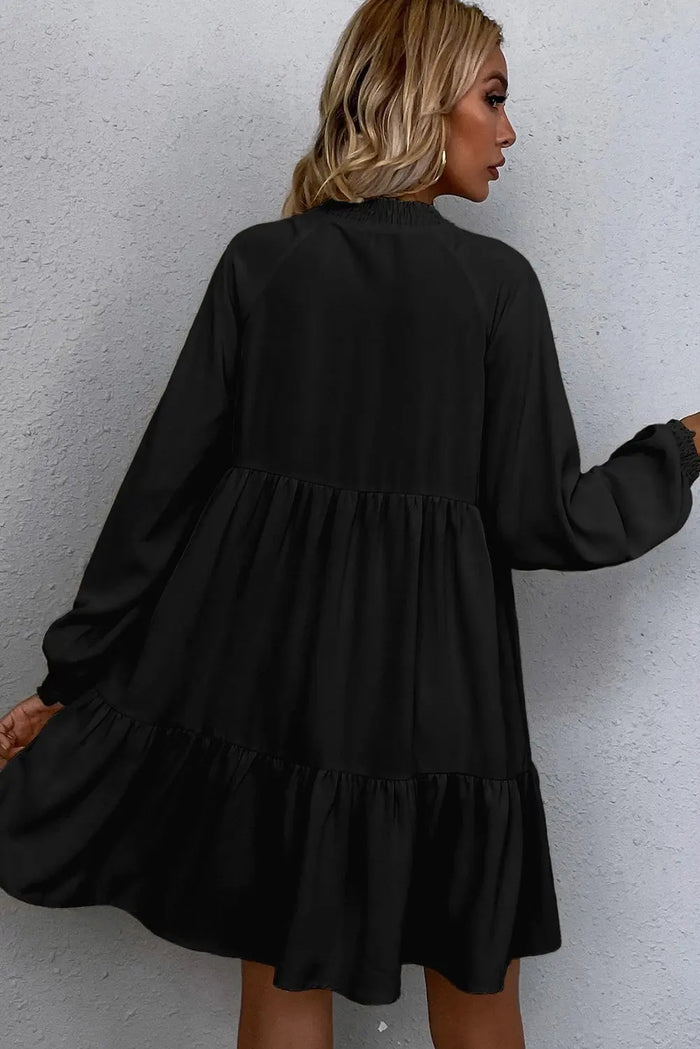 Tie Split Neck Smocked Detail Long Puff Sleeve Ruffle Hem Loose Dress - Dresses/Mini Dresses
