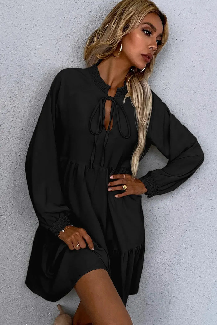 Tie Split Neck Smocked Detail Long Puff Sleeve Ruffle Hem Loose Dress - Dresses/Mini Dresses