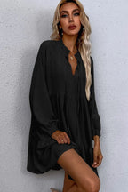 Tie Split Neck Smocked Detail Long Puff Sleeve Ruffle Hem Loose Dress - Dresses/Mini Dresses