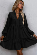Tie Split Neck Smocked Detail Long Puff Sleeve Ruffle Hem Loose Dress - Dresses/Mini Dresses