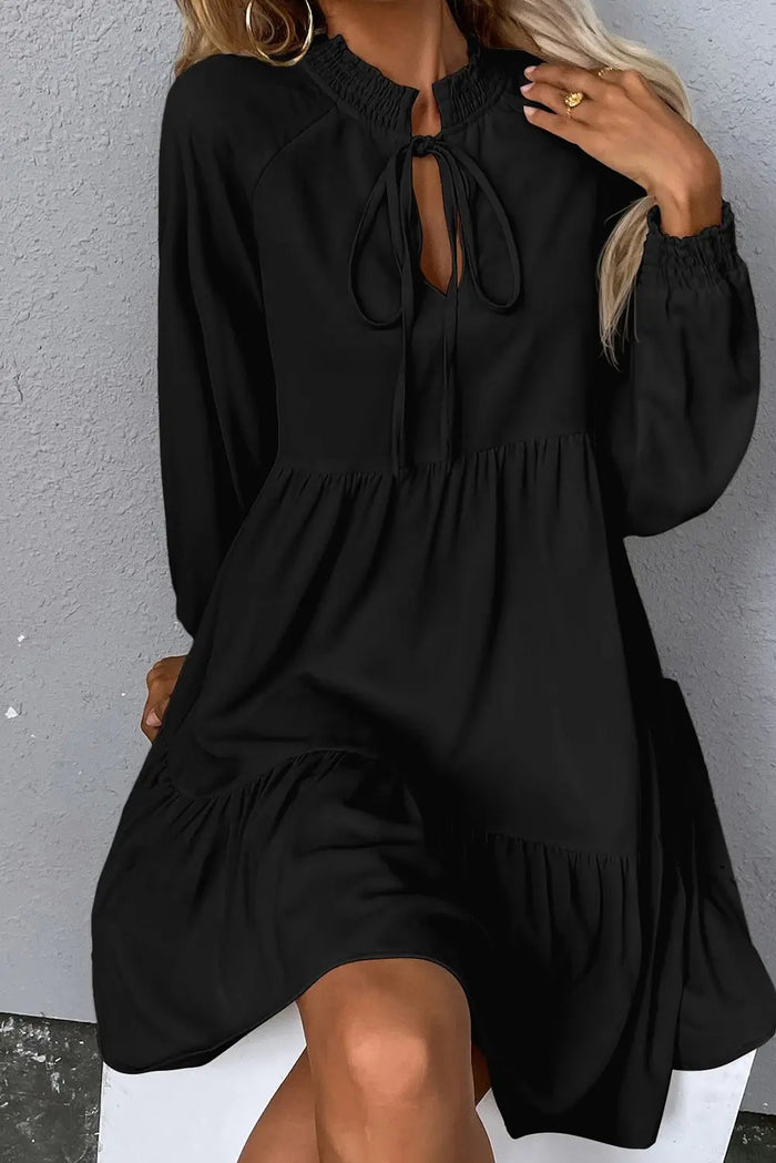 Tie Split Neck Smocked Detail Long Puff Sleeve Ruffle Hem Loose Dress - Dresses/Mini Dresses
