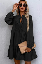 Tie Split Neck Smocked Detail Long Puff Sleeve Ruffle Hem Loose Dress - Dresses/Mini Dresses
