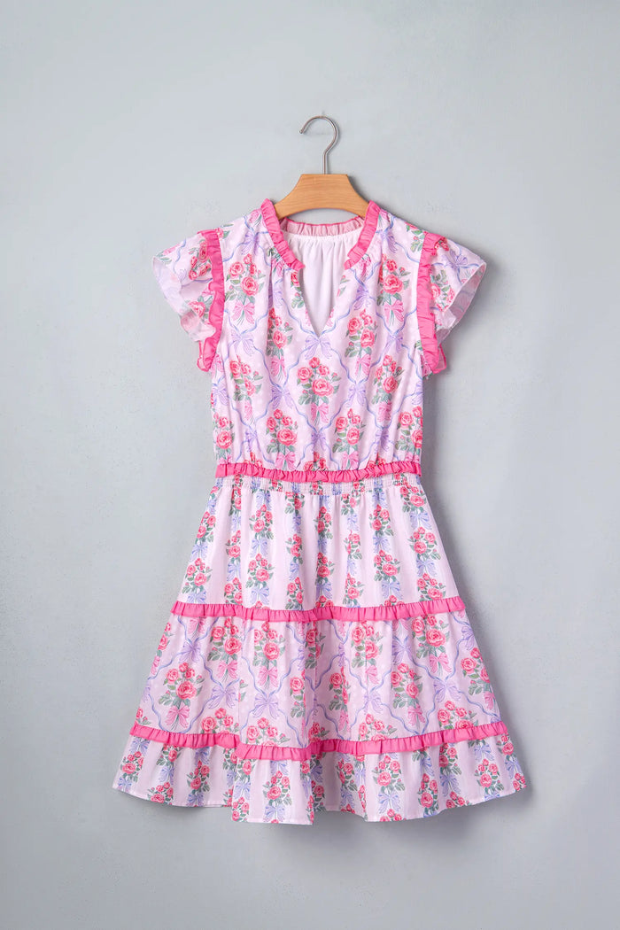 Tiered Ruffle Floral Print Shirred Waist Sleeveless Mini Dress