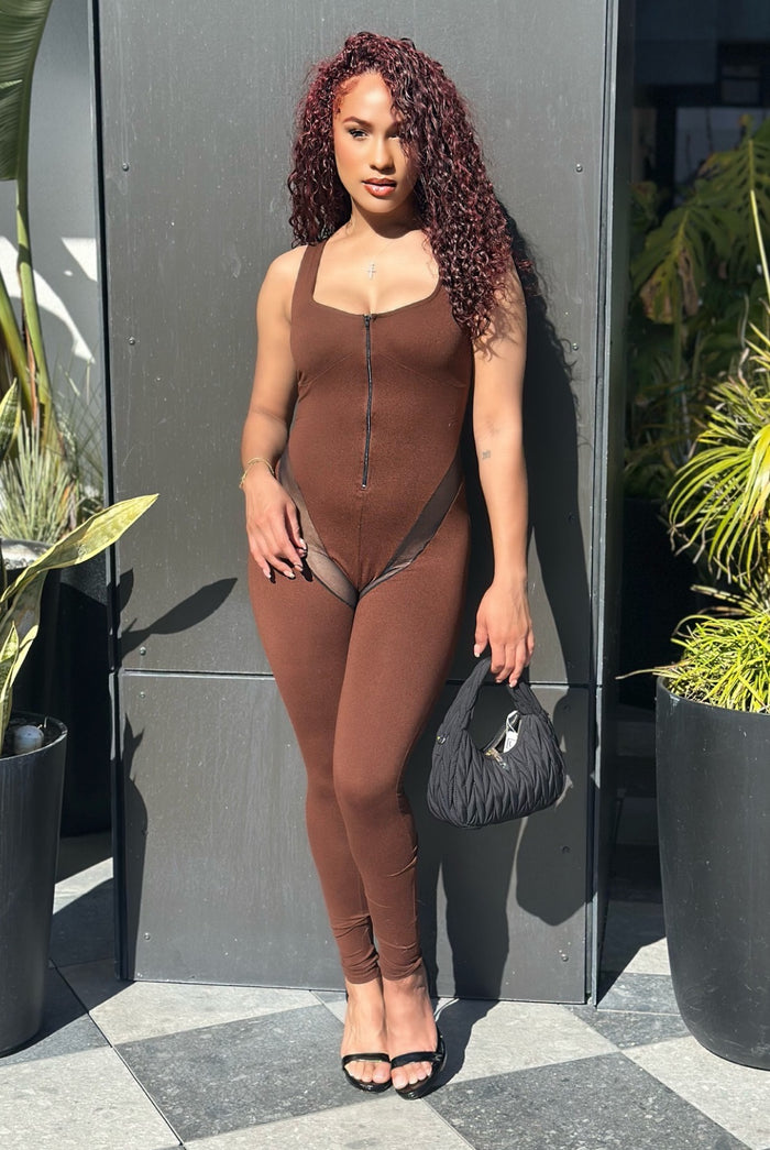 Time Is Ticking - Sleeveless High Stretch Mesh Detail Cut Out Jumpsuit