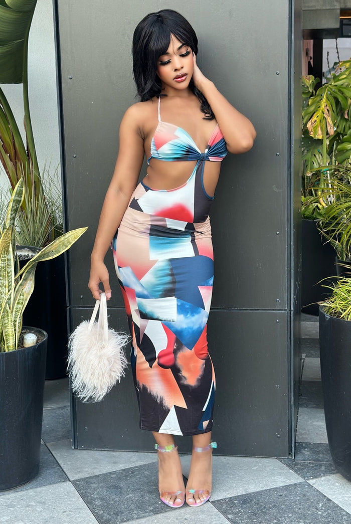 To Be Continued - Stretch Print Halter Maxi Dress