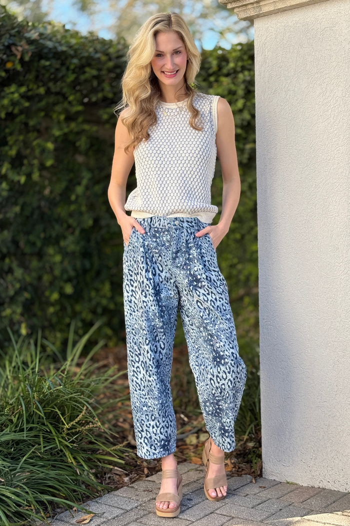 Tribal blue leopard print Audrey barrel jeans front view styled outfit