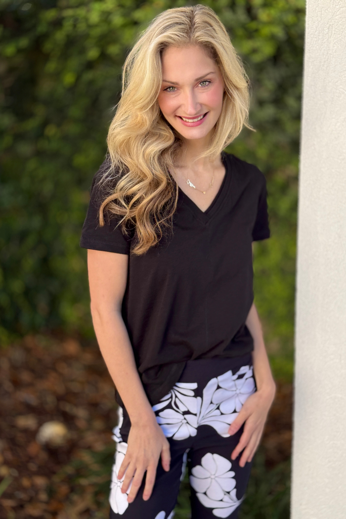 Soft slub knit black short sleeve top