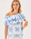 Trixie One Shoulder Ruffle Top - Sunwashed Blue Al Fresco Dot Embroidery