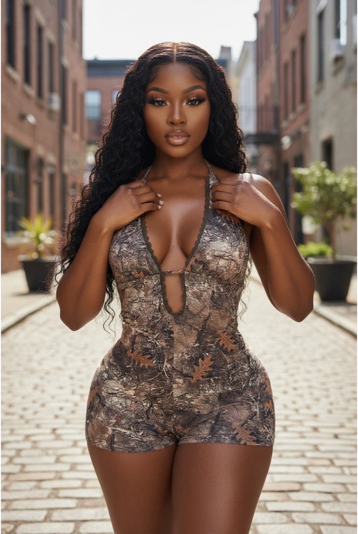 Trouble - Halter Neck Tie Camo Print Back Cut Out Romper