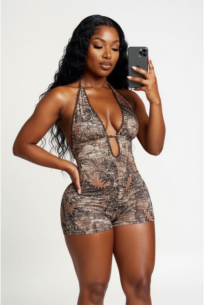 Trouble - Halter Neck Tie Camo Print Back Cut Out Romper