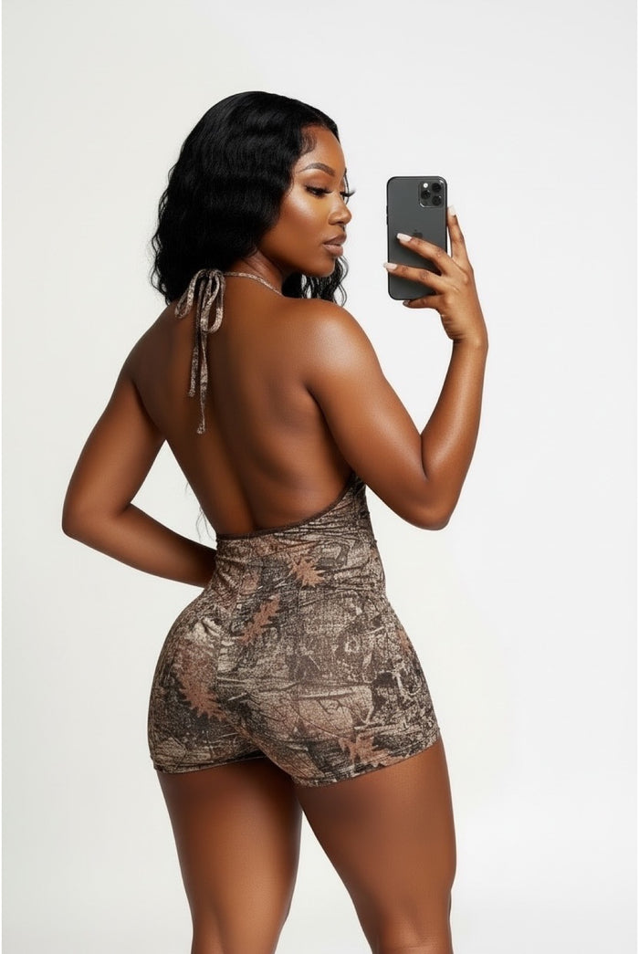 Trouble - Halter Neck Tie Camo Print Back Cut Out Romper