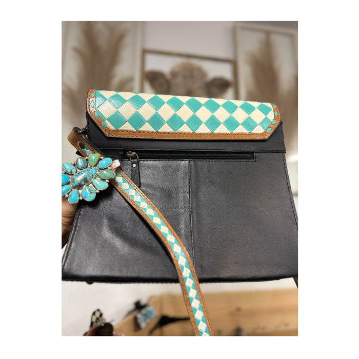 Turquoise checkered cowhide leather crossbody purse