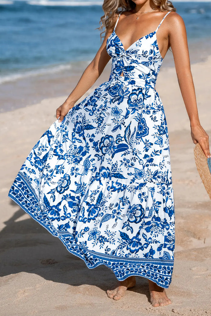 Twisted Bust Spaghetti Strap Backless Floral Maxi Dress