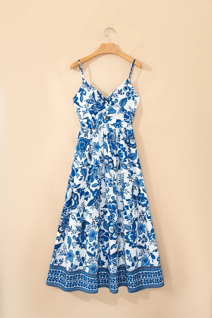 Twisted Bust Spaghetti Strap Backless Floral Maxi Dress