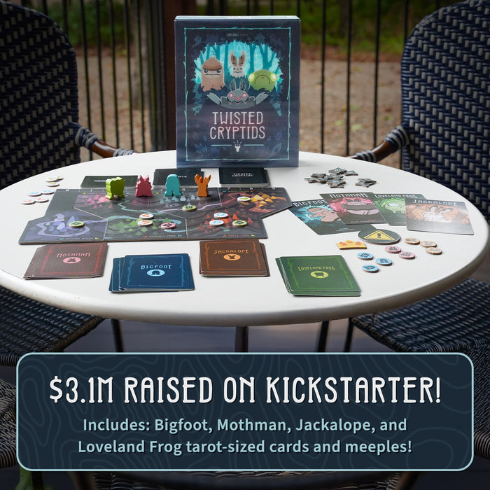 Unstable Games’ Twisted Cryptids: Base Game is displayed on a round table with cards, tokens, and meeples. A Kickstarter banner shows $3.1M raised for this cryptid-themed board game featuring unique pieces.