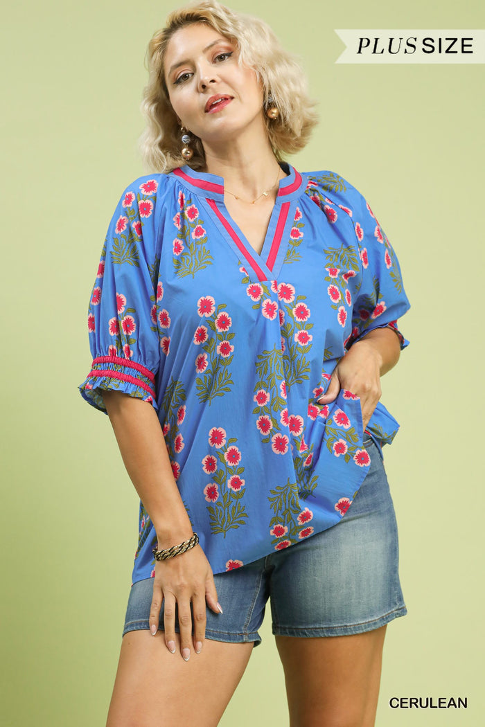 Umgee Floral V Neck Puff Sleeve Top In Cerulean Blue PLUS Sizes