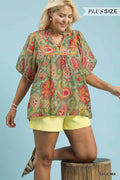 UMGEE Mixed Paisley Print Top PLUS Sizes In Sage Mix
