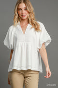 Umgee Smocked V Neck Puff Sleeve Top In Off White