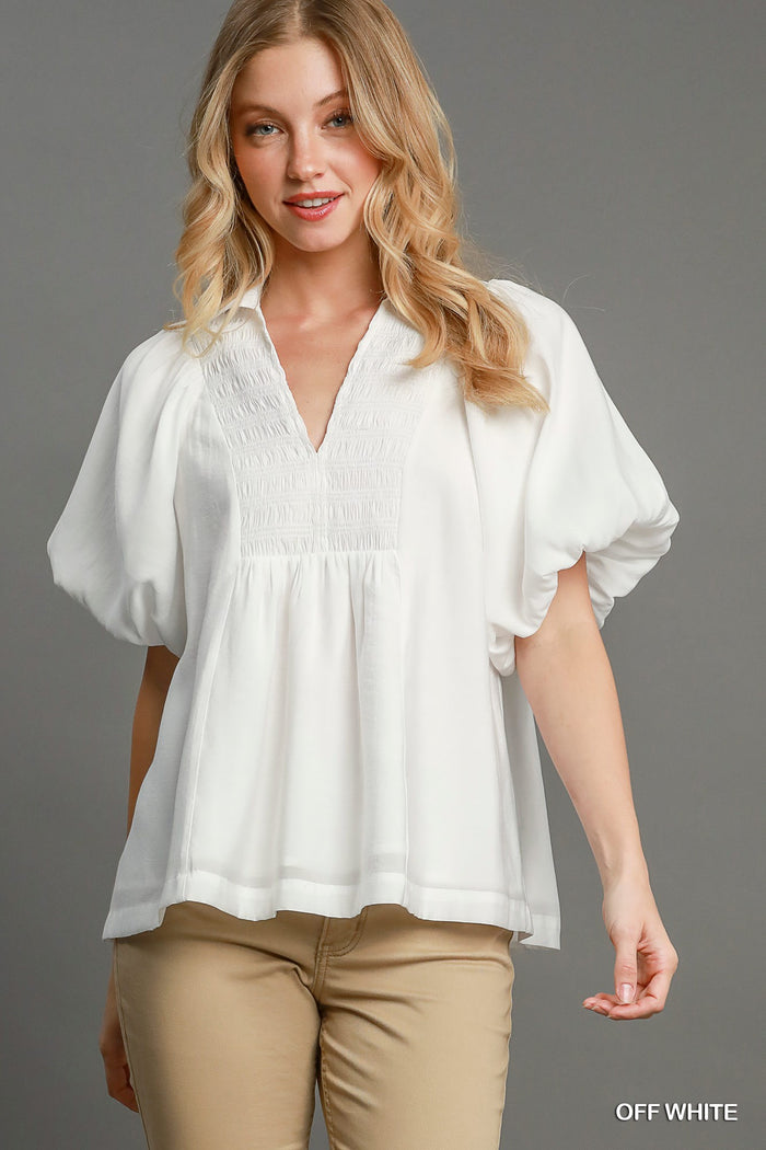 Umgee Smocked V Neck Puff Sleeve Top In Off White