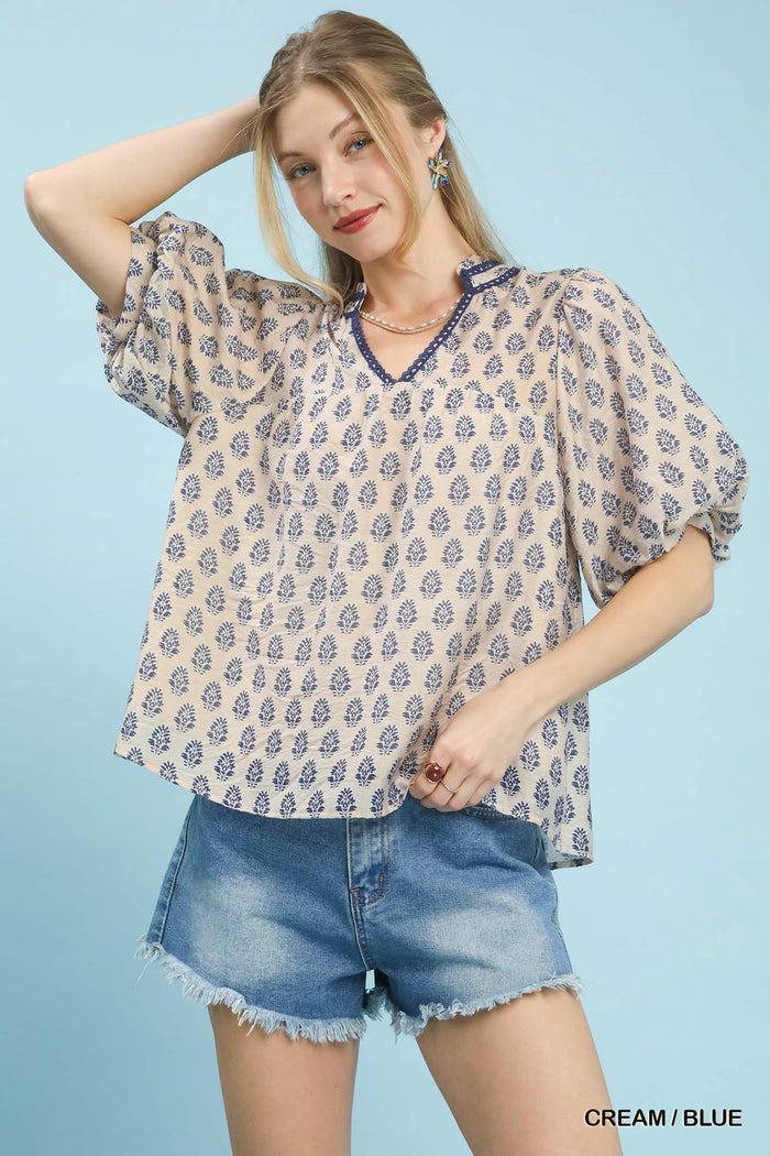 Umgee Two Toned Abstract Print Top In Cream/Blue