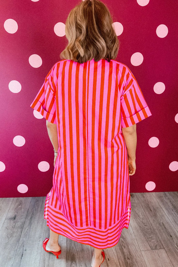 V Neck Cuffed Sleeve Relaxed Split Midi Dress – Red Stripe