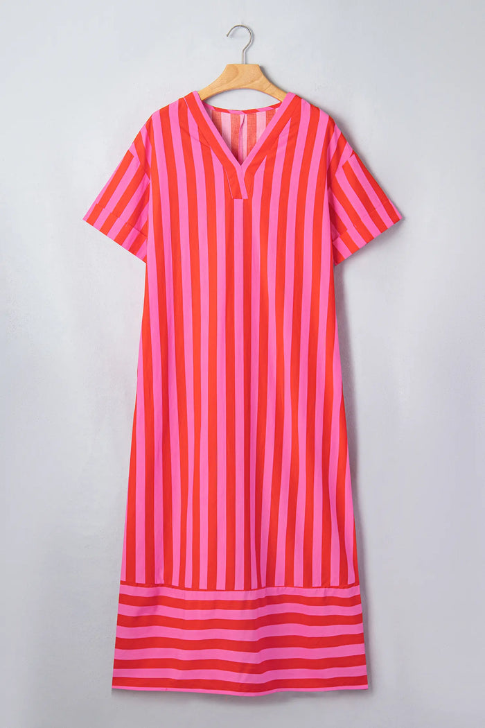 V Neck Cuffed Sleeve Relaxed Split Midi Dress – Red Stripe