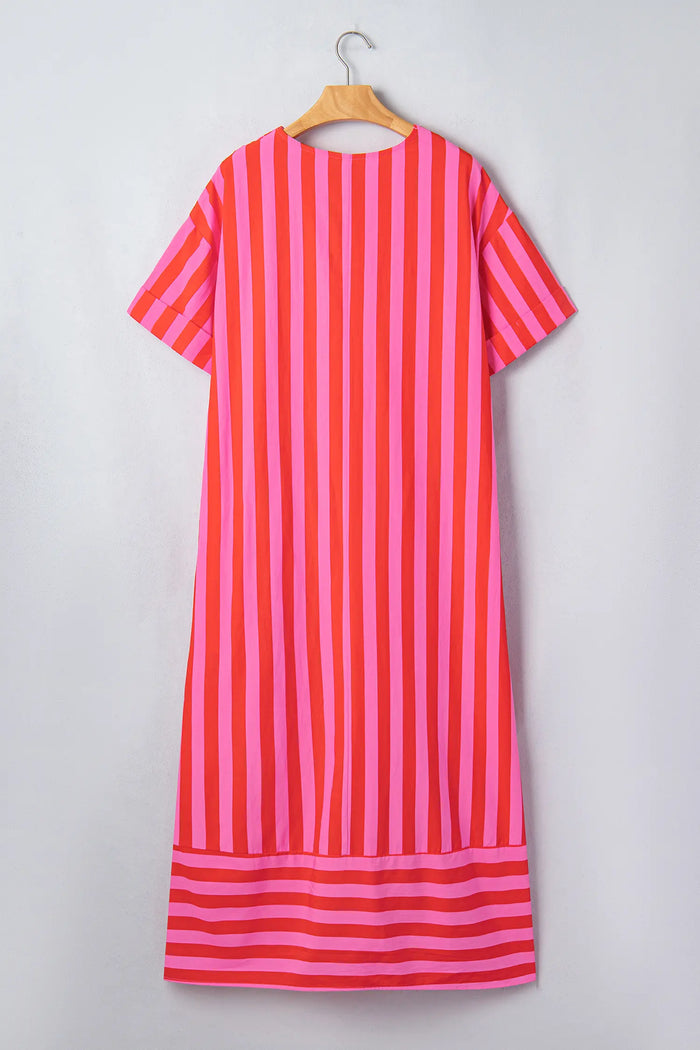 V Neck Cuffed Sleeve Relaxed Split Midi Dress – Red Stripe