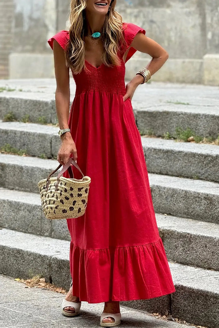 V Neck Flutter Sleeve Smocked Bodice High Waist Ruffle Maxi Dress - Fiery Red / S / 100% Cotton - Dresses/Maxi Dresses