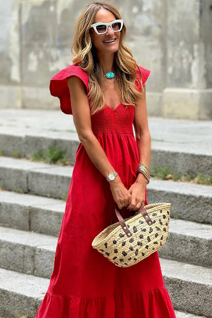 V Neck Flutter Sleeve Smocked Bodice High Waist Ruffle Maxi Dress - Dresses/Maxi Dresses